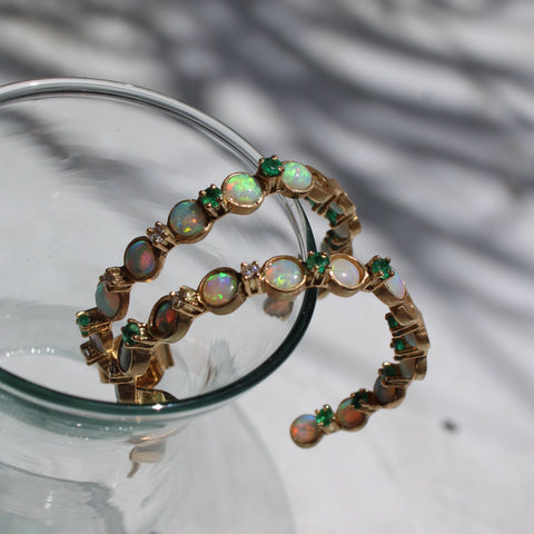 Hoops with Natural Diamonds, Australian opals and Esmeralds