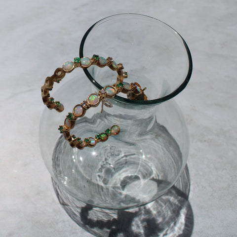 Hoops with Natural Diamonds, Australian opals and Esmeralds